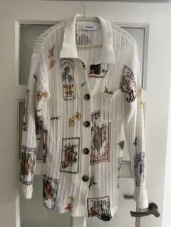 Desigual デシグアル 切手プリント 透かし編みニットカーディガン Lのサムネイル