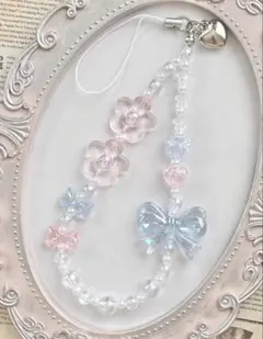 301 ピンク　ブルー　水色　リボン　ハート　ビーズ　ストラップ　　チャーム