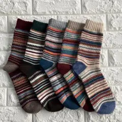 メンズ ソックス 5足セット 秋冬 まとめ売り 男性 靴下 暖かい 厚手 民族調