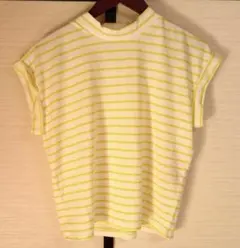 新品ボーダー柄袖折り返しプチハイネックショート丈トップスホワイトレモンL