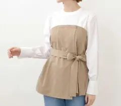 新品【グローブ】ビスチェ切替ブラウス　長袖チュニック『L』ウエストリボン　きれい