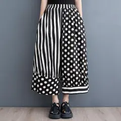 ストライプ柄 ドット柄 切り替え 体型カバー ワイドパンツ 九分丈 通勤/OL