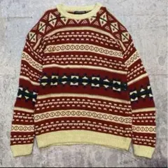 00's vintage 幾何学模様 ニットセーター 赤クリーム 総柄 春