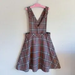 美品 メゾピアノジュニア チェック サスペンダースカート ブラウン 160