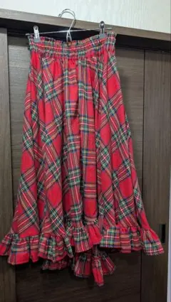 MONY 赤タータンチェック ロングフレアスカート イレヘム フリル 着用1回