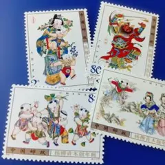 10034 外国切手 中国 伝統的な民芸品「楊柳青木版年画」4V