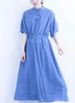 【美品】merlot plus チャイナワンピース フリーサイズ 青 チャイナ風