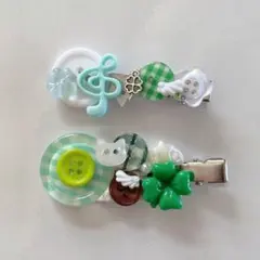 ハンドメイド ボタンヘアピン ボタンコア クローバー ウィッシュコア 平成女児