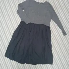 MUJI 授乳服 長袖ワンピース グレー×ネイビー M-L