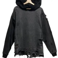 ZARA ハードダメージ加工 デニム生地 パーカー ブラック×ダークグレー ザラ