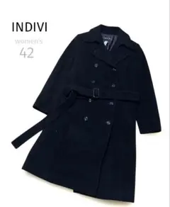 美品インディヴィ黒ブラックダブルロングコート 42(XL相当)ウール大きいサイズ