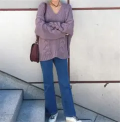 韓国ファッション▼Ｖネック ニット くすみパープル