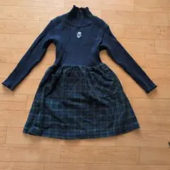 Familiar　ネイビー リブニット チェック柄 ワンピース　120