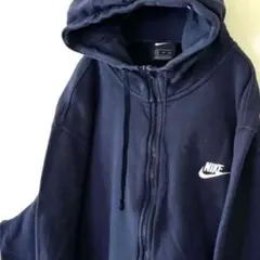 ナイキ NIKE ロゴ刺繍 フルジップアップ パーカー XL ネイビー紺色古着