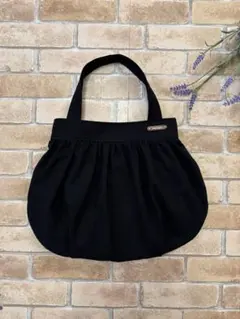 ギャザーグラニーバッグ　コットンリネン　ブラック