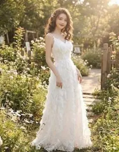 プレゼント付き！M フェザードレス 白 ロング ウェディング 結婚式 前撮り