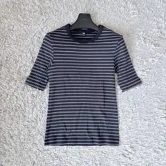 【美品】ユニクロ リブボーダークルーネックT（5分袖）ネイビー×ホワイト S