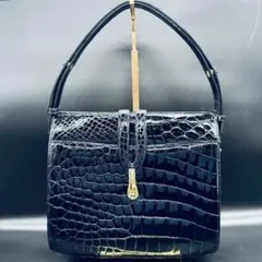 クロコ型押し　シャイニング　ハンドバッグ　ゴールド金具　ブラック