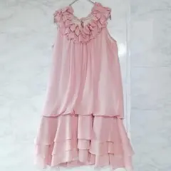ペイトンプレイス ノースリーブ シフォン ワンピース パール フリル ピンク Lのサムネイル