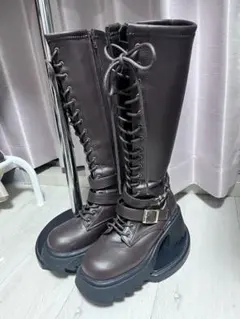 idemブラウンレースアップロングブーツ 厚底レースアップロングブーツ