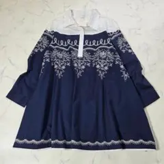 cawaii　刺繍ブラウス　シャツ　チュニック　バイカラー　F　ネイビー　タグ付のサムネイル