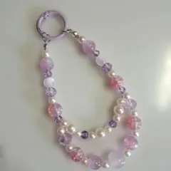 ビーズキーホルダー ビーズストラップ 二重キーホルダー 紫 ハンドメイド