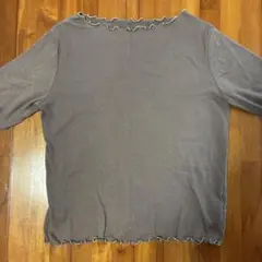 ブラウン フリルネック 半袖Tシャツ　ワッフル素材