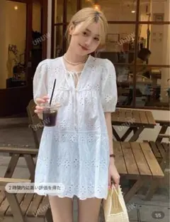 レース襟 中空刺繍 カジュアル 半袖シャツ 無地 ランダムパネル レディース