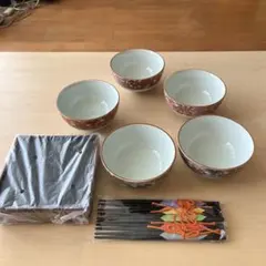 【吾山窯（美濃焼）】京友禅柄どんぶり鉢、お盆、箸5個セット