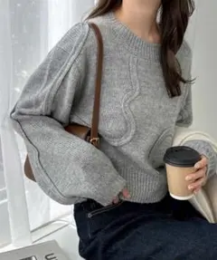 Alma design/ニュアンスウェーブ柄ショート丈ニット グレー M