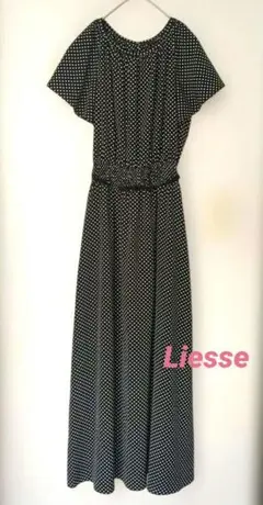 Liesse リエス ロングワンピース ドット ブラック ウエストリボン付きのサムネイル