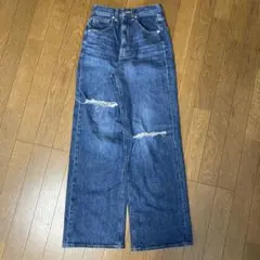 GU ハイウエストセミワイドジーンズ(クラッシュ)