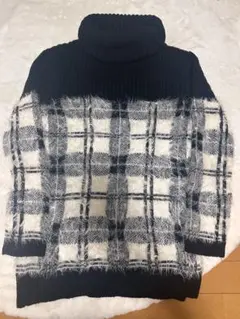 ニット チェック柄 黒 白 ハイネック M