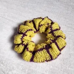 おしゃれチェックシュシュ紫ハンドメイド棒針編み編み物パープルイエローグリーン韓国