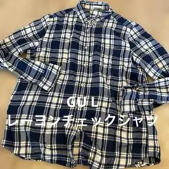 GU L レーヨンチェックシャツ ネイビーとホワイト 金色ラメ入り長袖シャツ