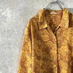 SAGA MORE　サテンシャツ　柄シャツ　長袖　ブラウン　レギュラーカラー