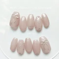 ネイルチップ　韓国　ワンホン　リボン　フレンチガーリー　ちゅるん　バレエコア