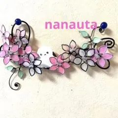 シマエナガと花とアイビーのフック付きリース ワイヤークラフト レジン