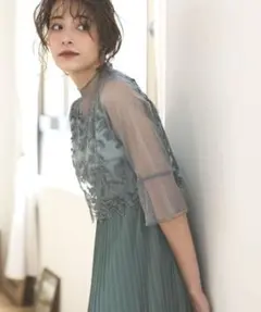 ドリードール メロースリーブ×プリーツドレス　ライトカーキ　グリーン　ミント　緑
