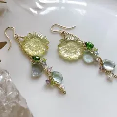 向日葵カービング✧レモンクォーツ×フローライトピアス✧ひまわり