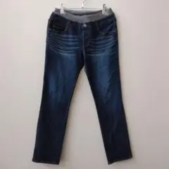 ダークブルー スキニーデニムパンツ 伸縮性ウエスト