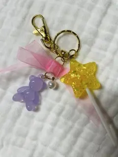 ハンドメイド★星とクマのリボン★キーチャーム キーホルダー