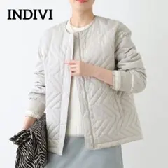 美品☆INDIVI　ノーカラーコート　ミドル丈　キルティング　ジグザグ柄　リブ袖