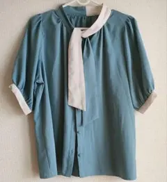 Honeys　ボウタイブラウス 半袖 ブルー Lサイズ