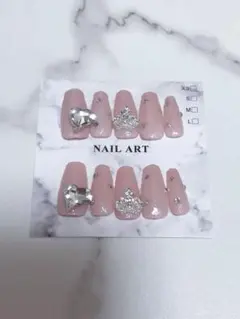 ネイルチップ 現品 ピンク ちゅるん 韓国 スナ系 ワンホン ラメ リボン