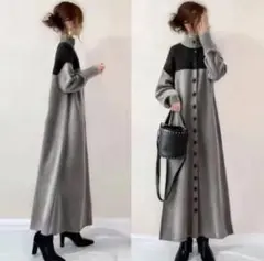 ロングワンピース ニットワンピース 長袖 細見え 着痩せ ワンピース　バイカラー