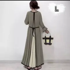 ドッキングワンピース　ロング　マキシ丈　バイカラー　長袖　切り替え　体型カバー