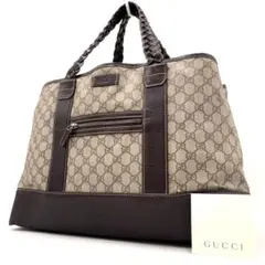 【美品・希少】グッチ トートバッグ GG スプリーム レザー 編み込み ロゴ 茶