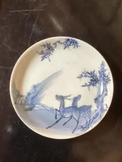 蔵出し骨董古美術 陶器 染付 鹿図 小皿 幅17cm時代物