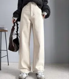 classicalelf ゆったりハイウエストワイドストレート無地デニム